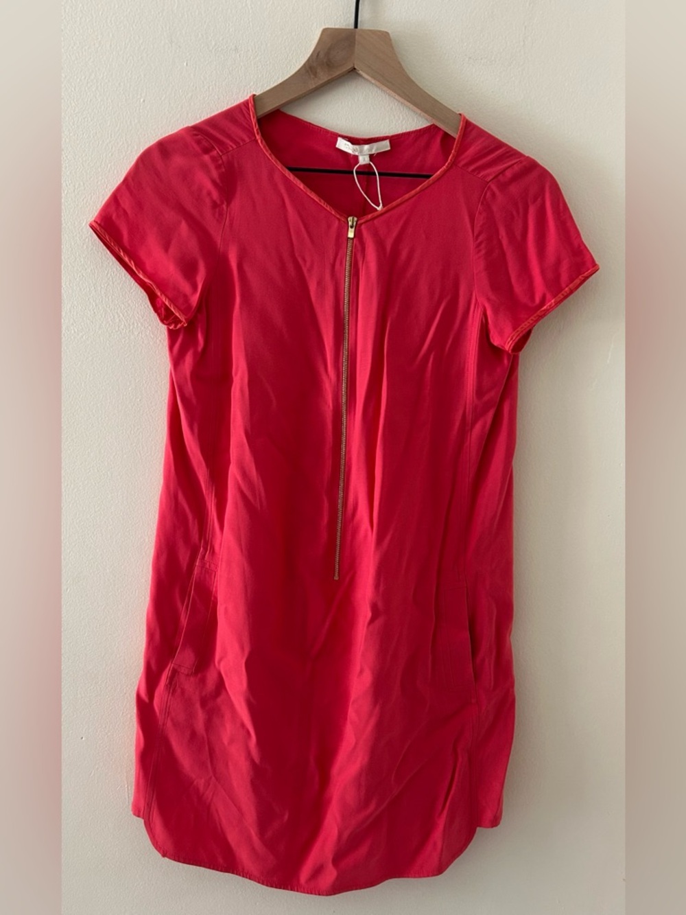 Maje Pink Short Sleeved Gold Zippered Front Shift Dress - Women’s Size 2